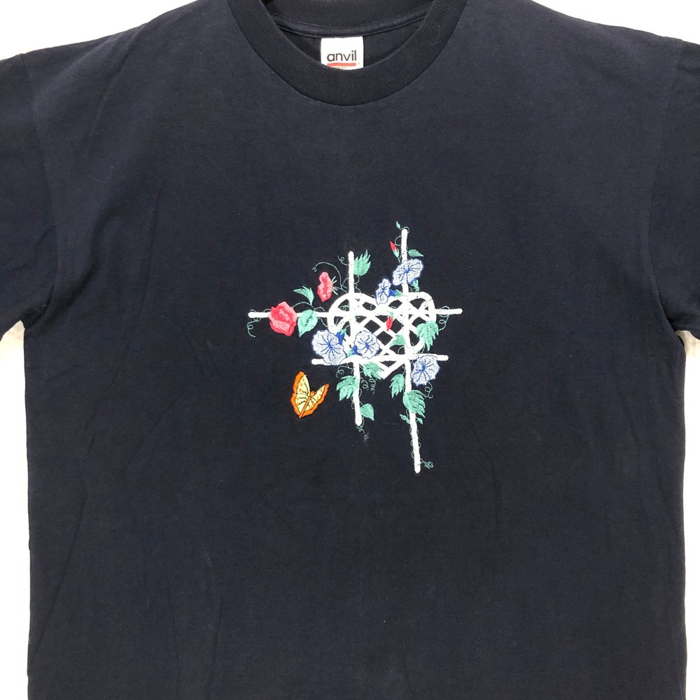 Embroidered Heart Flower Butterfly Anvil Navy Blue‎ T Shirt Size L